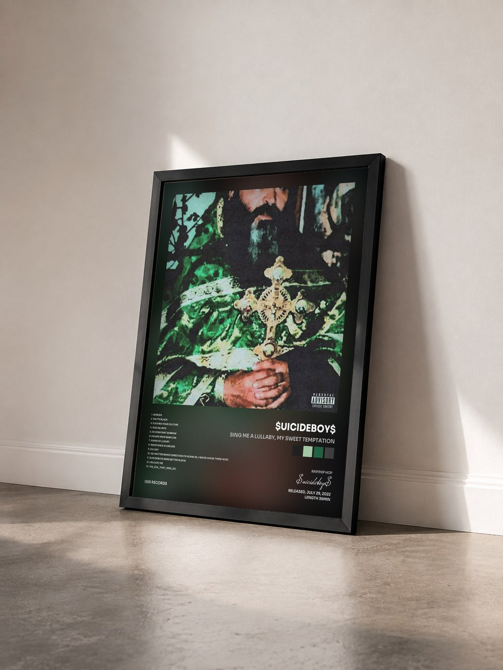 #noir Tableau de l'album Sing Me a Lullaby, My Sweet Temptation de $uicideboy$ vu de trois quarts, cadre noir