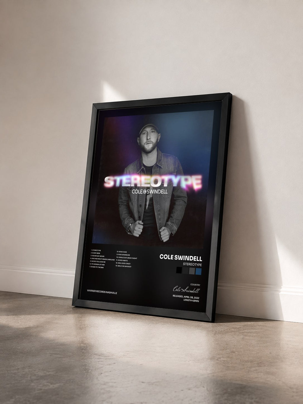 #noir Tableau de l'album Stereotype de Cole Swindell vu de trois quarts, cadre noir