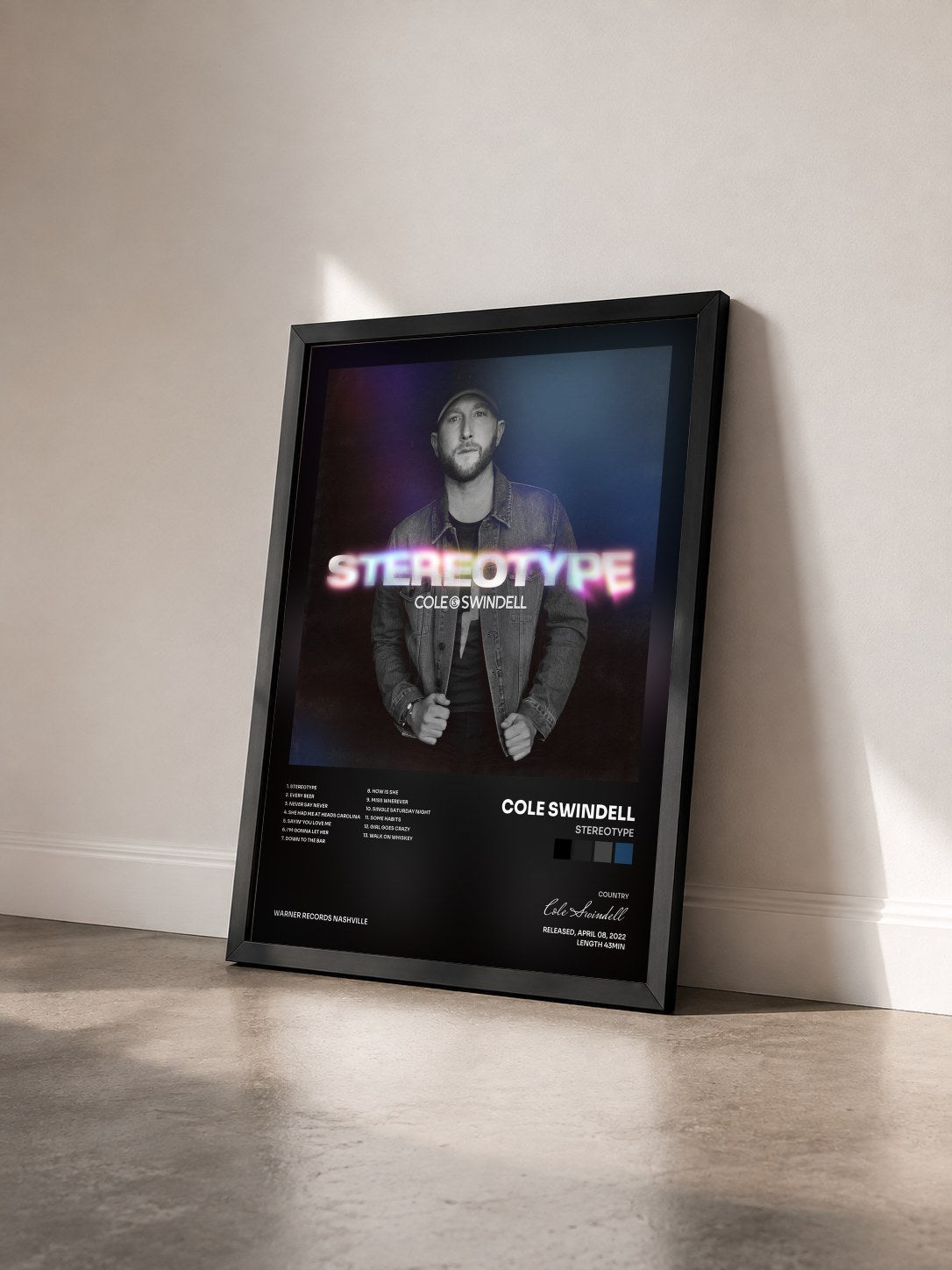 #noir Tableau de l'album Stereotype de Cole Swindell vu de trois quarts, cadre noir