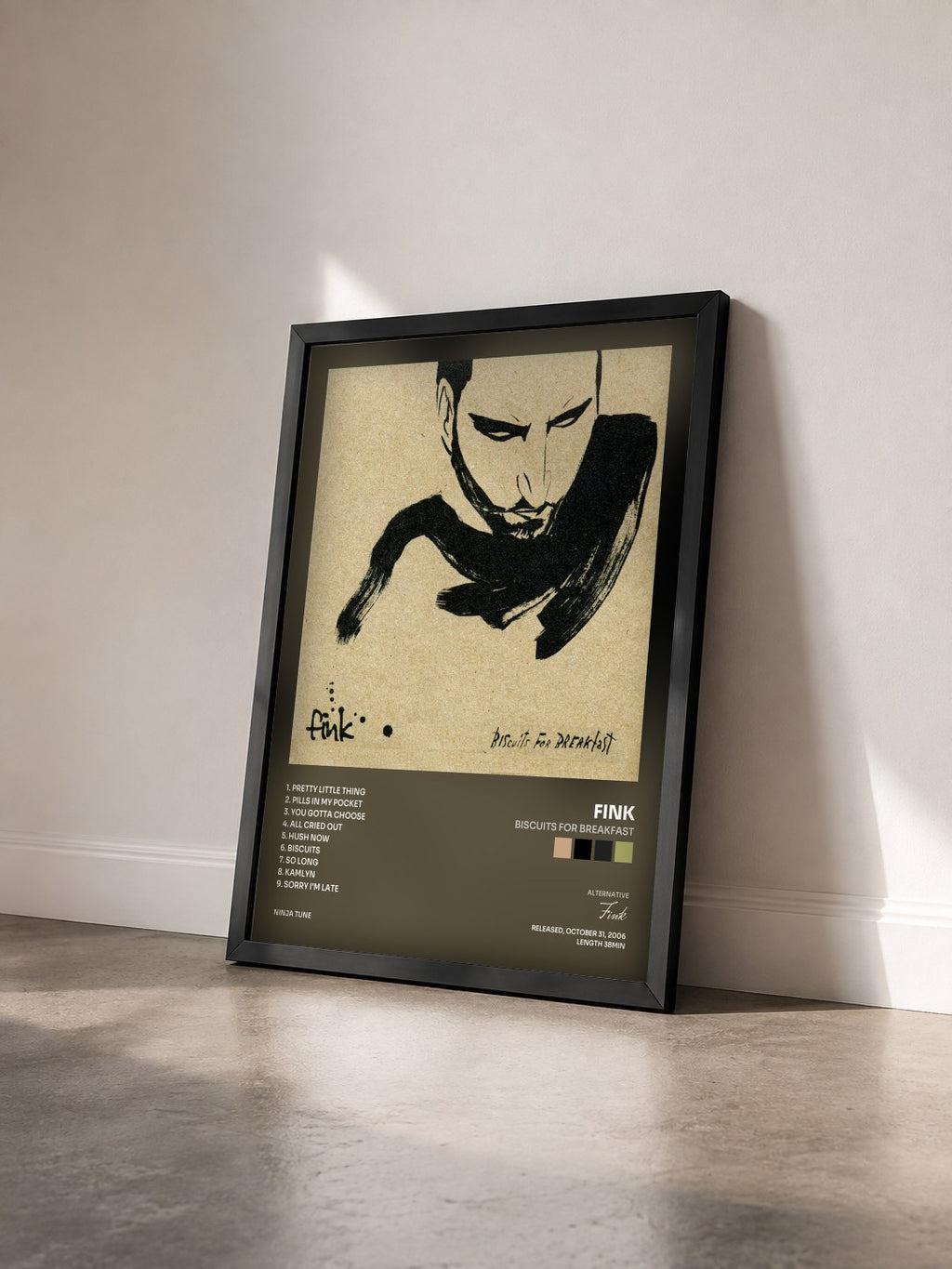 #noir Tableau de l'album Biscuits For Breakfast de Fink vu de trois quarts, cadre noir