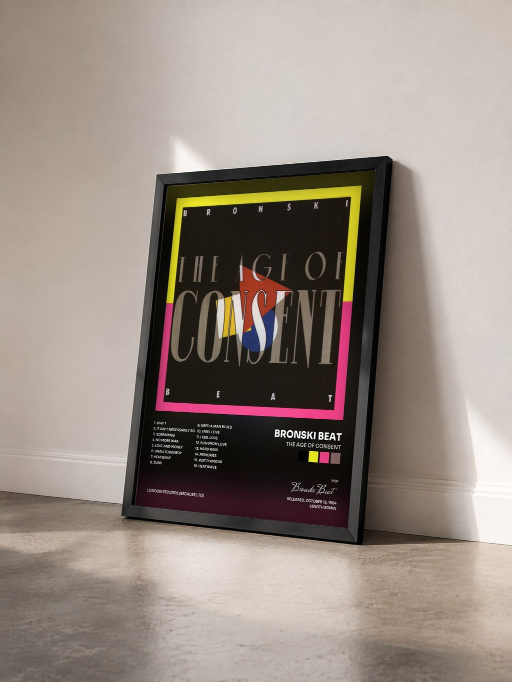 #noir Tableau de l'album The Age of Consent de Bronski Beat vu de trois quarts, cadre noir