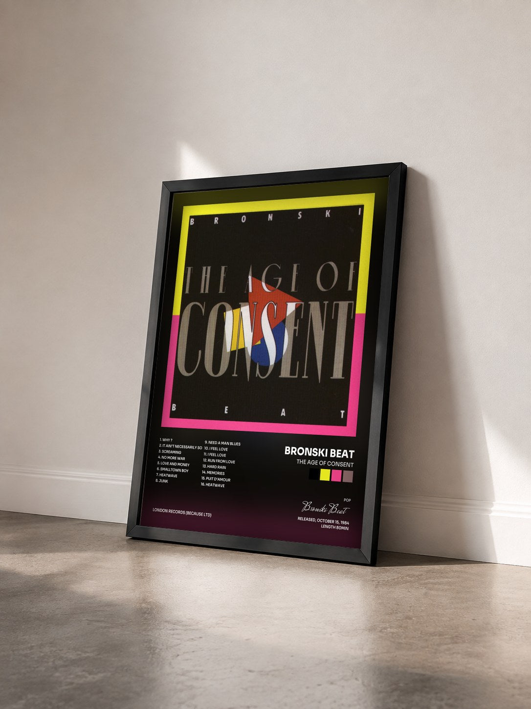 #noir Tableau de l'album The Age of Consent de Bronski Beat vu de trois quarts, cadre noir