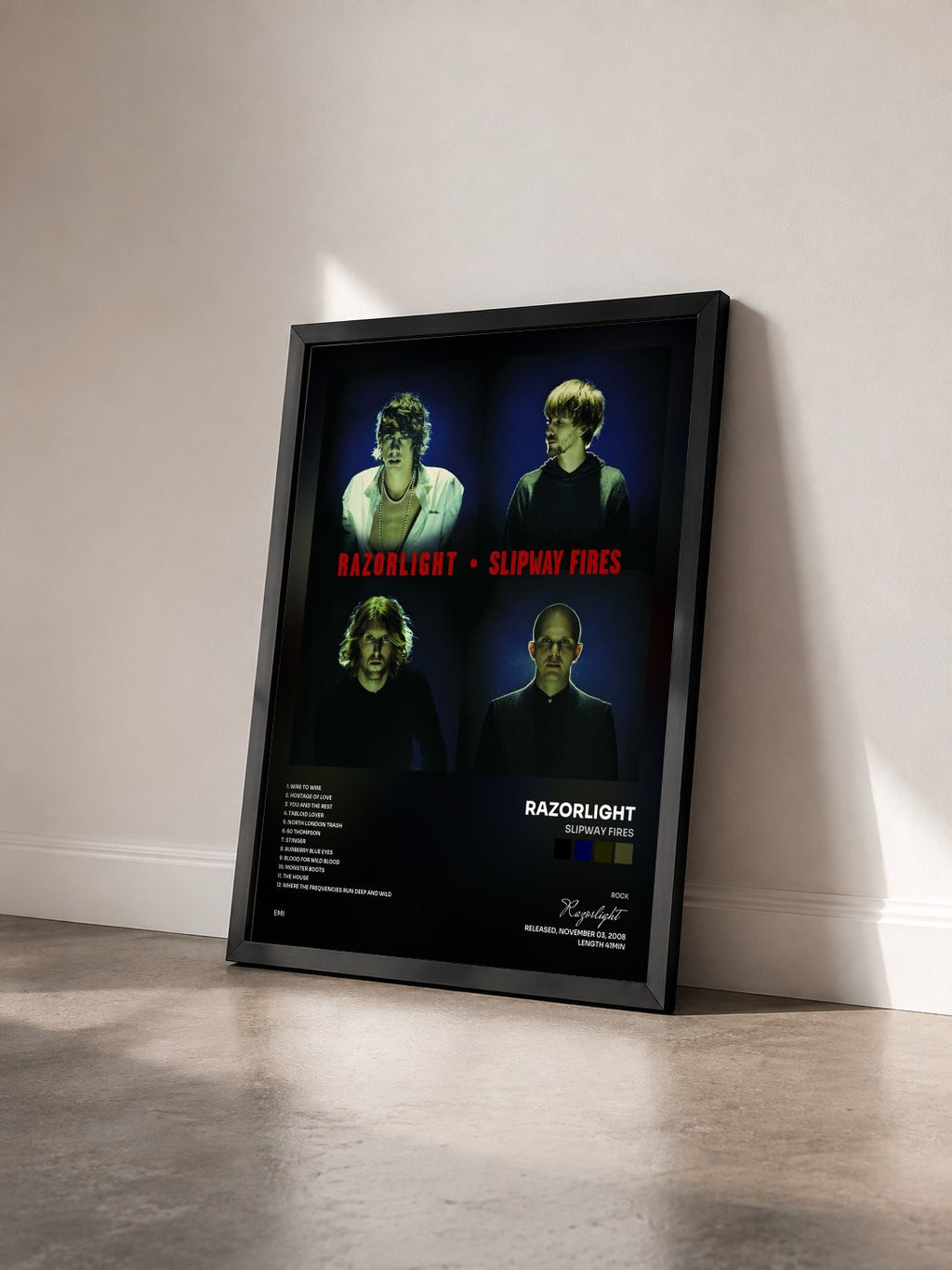 #noir Tableau de l'album Slipway Fires de Razorlight vu de trois quarts, cadre noir