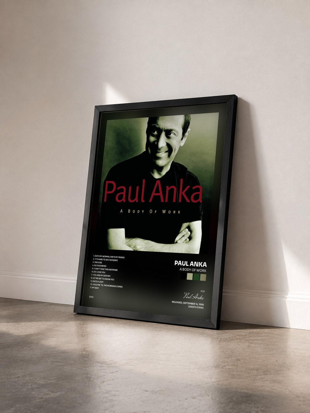 #noir Tableau de l'album A Body Of Work de Paul Anka vu de trois quarts, cadre noir