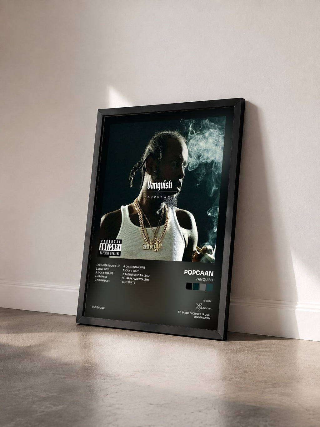 #noir Tableau de l'album Vanquish de Popcaan vu de trois quarts, cadre noir