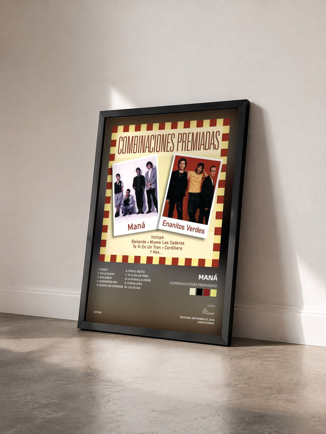 #noir Tableau de l'album Combinaciones Premiadas de Maná vu de trois quarts, cadre noir