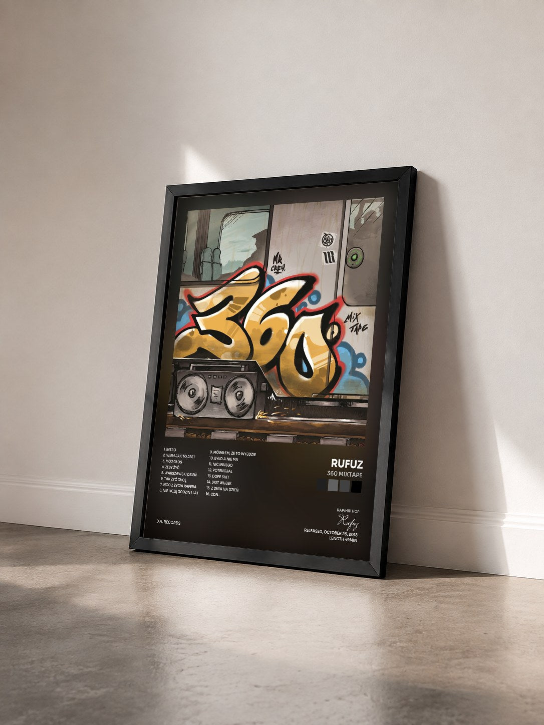 #noir Tableau de l'album 360 Mixtape de Rufuz vu de trois quarts, cadre noir