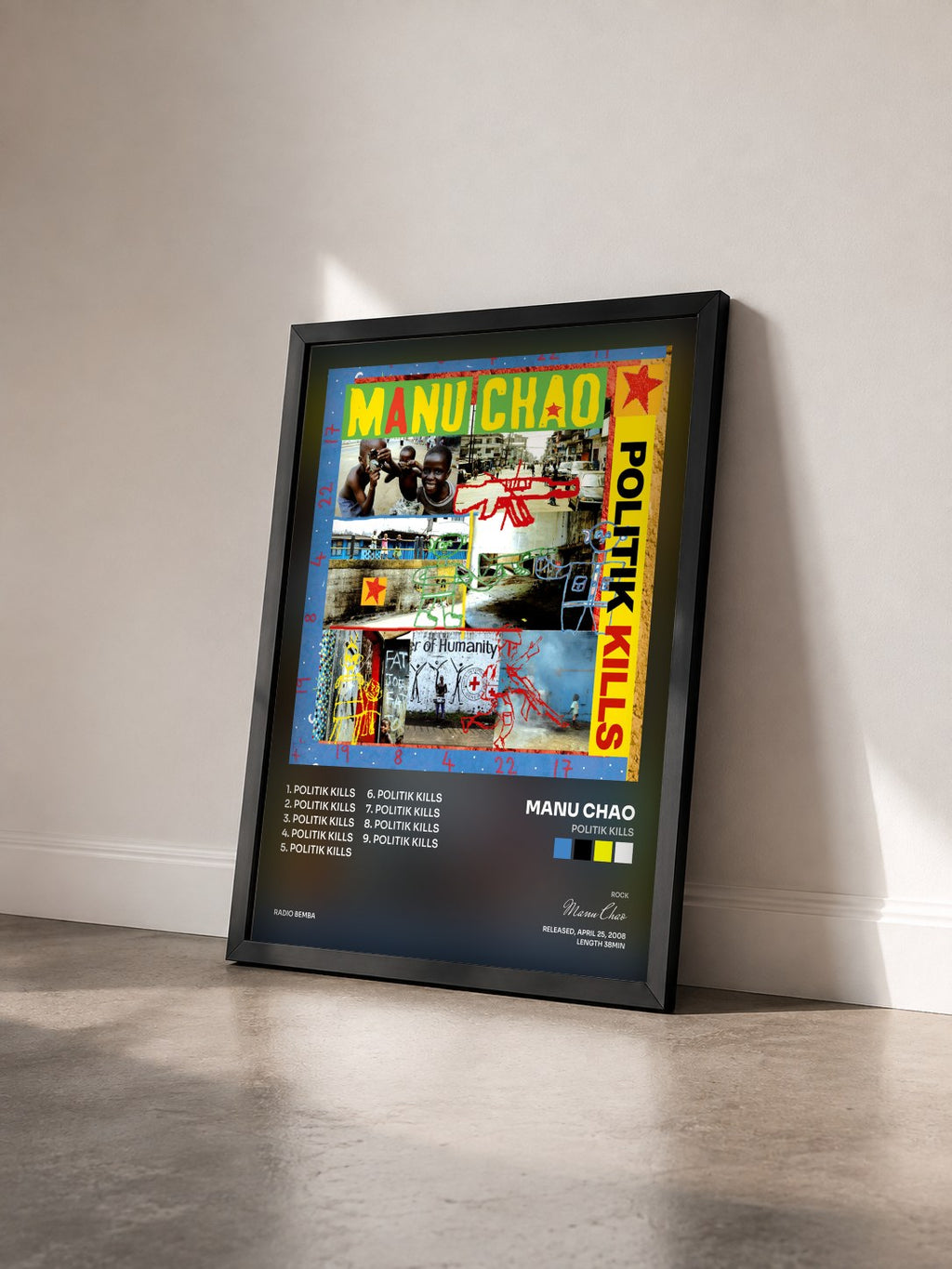 #noir Tableau de l'album Politik Kills de Manu Chao vu de trois quarts, cadre noir