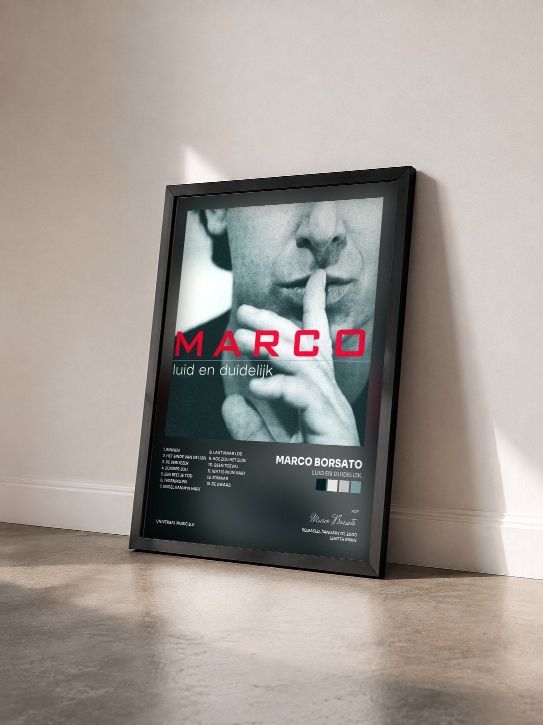 #noir Tableau de l'album Luid En Duidelijk de Marco Borsato vu de trois quarts, cadre noir