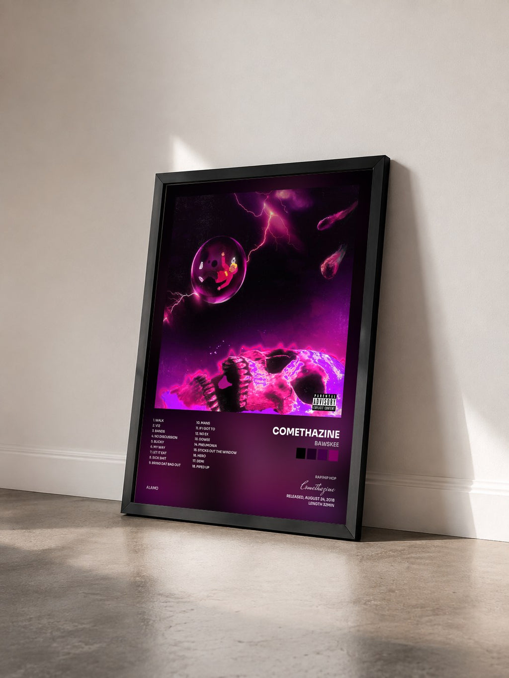 #noir Tableau de l'album Bawskee de Comethazine vu de trois quarts, cadre noir