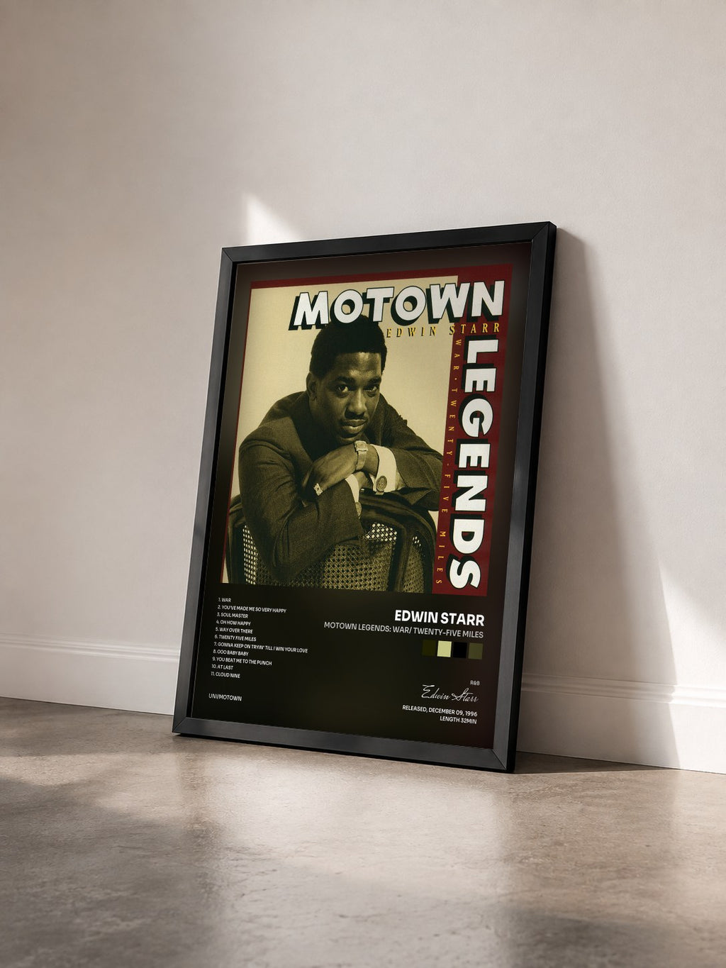 #noir Tableau de l'album Motown Legends: War/ Twenty-five Miles de Edwin Starr vu de trois quarts, cadre noir