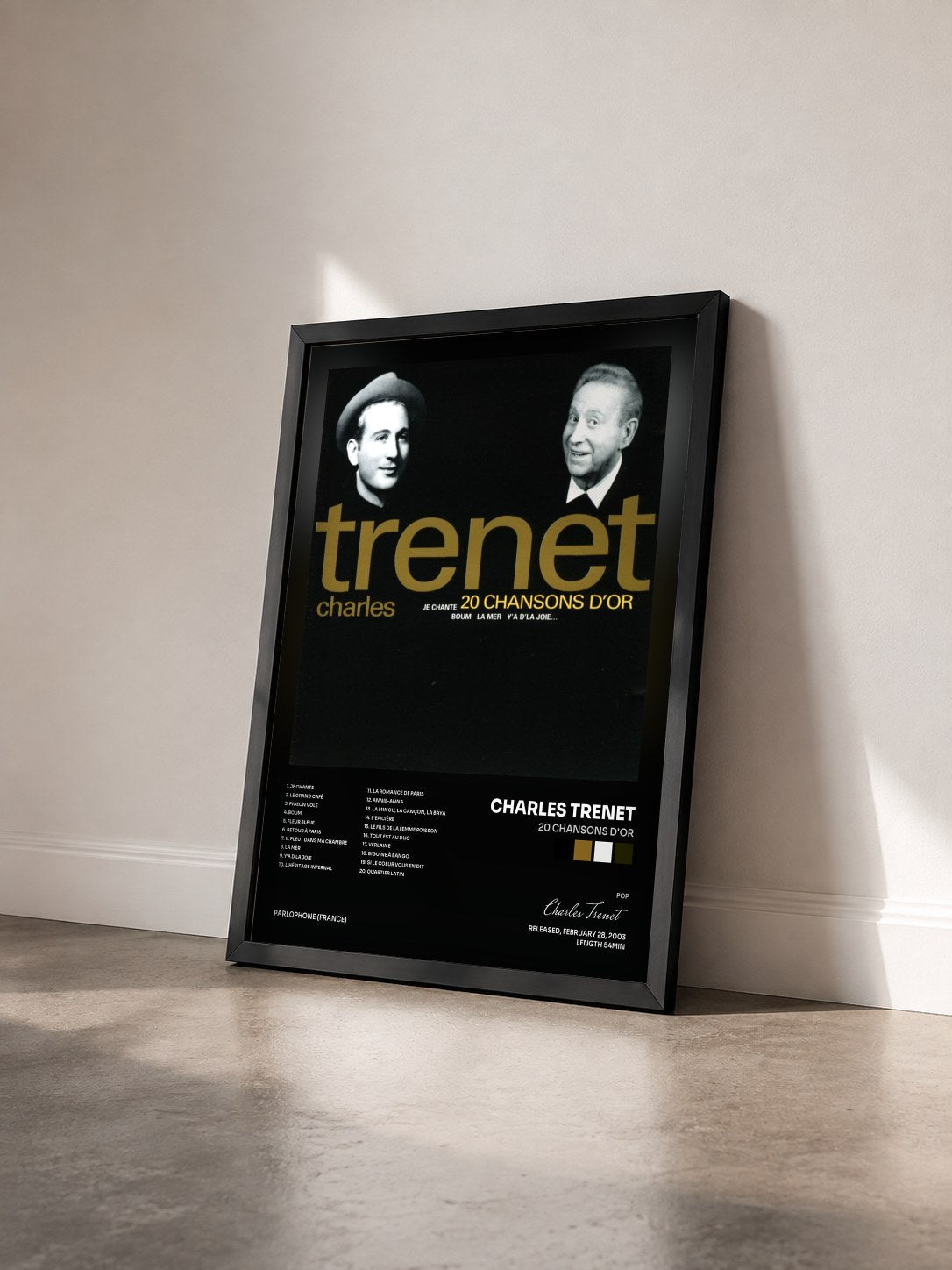 #noir Tableau de l'album 20 chansons d'or de Charles Trenet vu de trois quarts, cadre noir