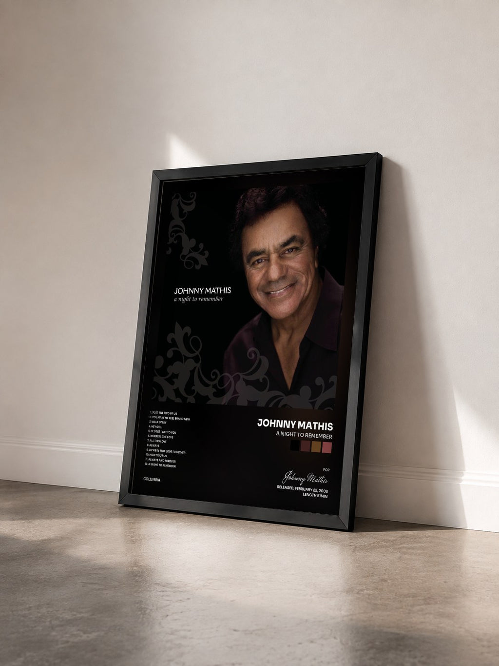 #noir Tableau de l'album A Night To Remember de Johnny Mathis vu de trois quarts, cadre noir