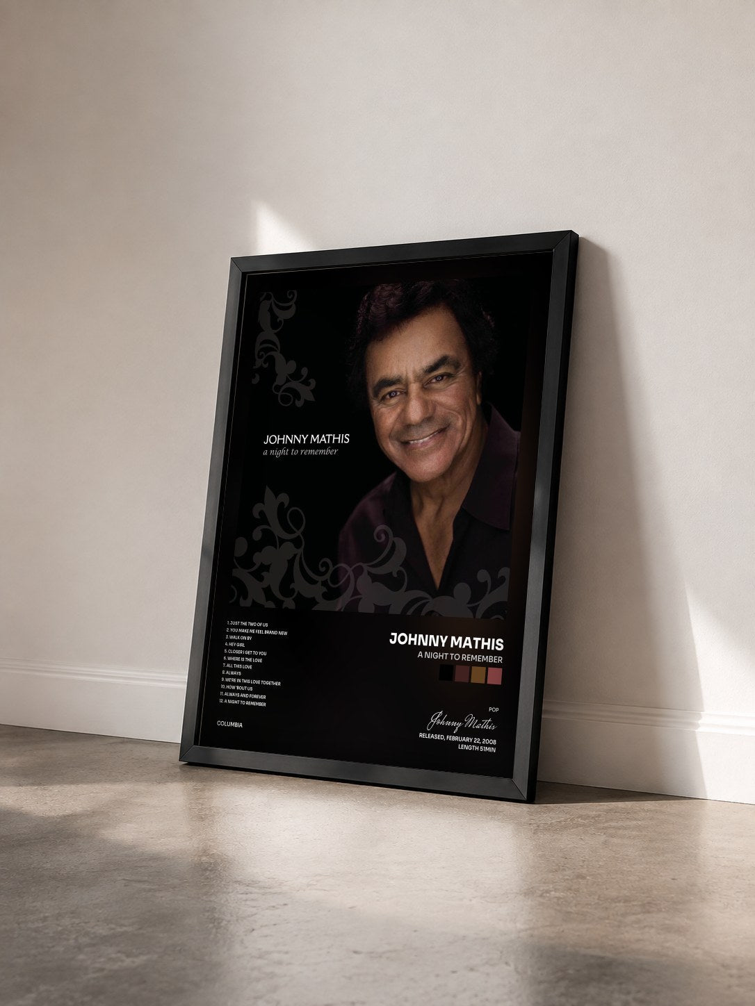 #noir Tableau de l'album A Night To Remember de Johnny Mathis vu de trois quarts, cadre noir