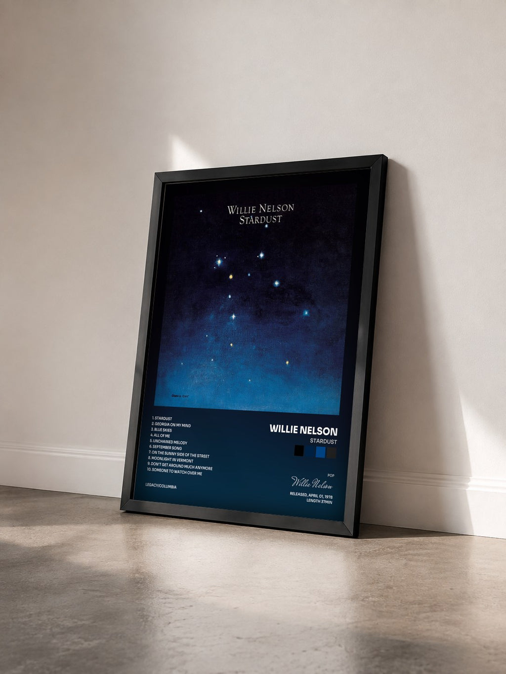 #noir Tableau de l'album Stardust de Willie Nelson vu de trois quarts, cadre noir