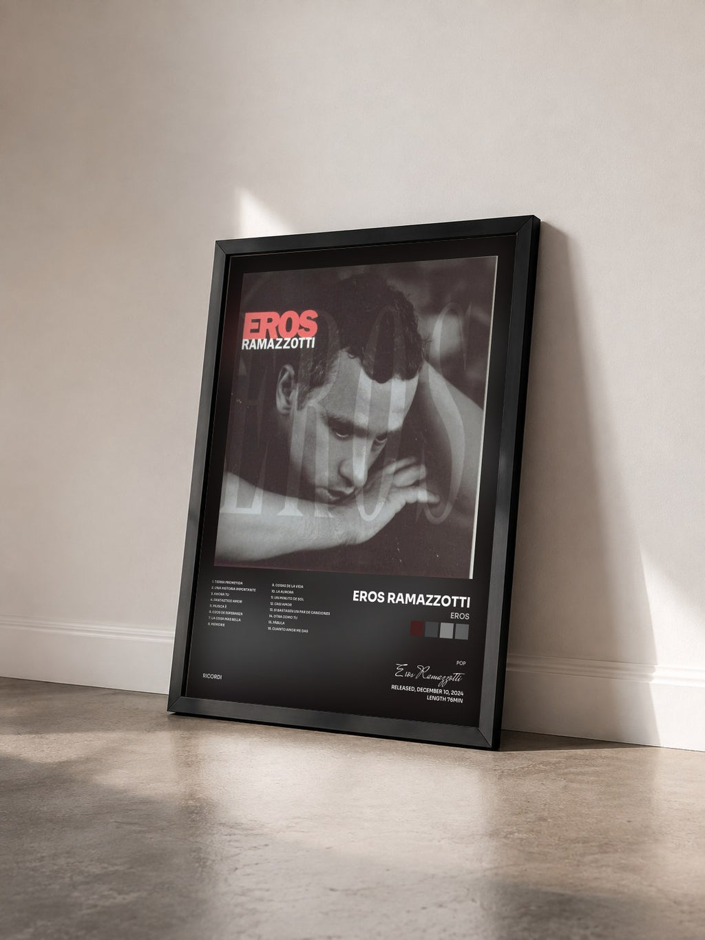 #noir Tableau de l'album Eros de Eros Ramazzotti vu de trois quarts, cadre noir