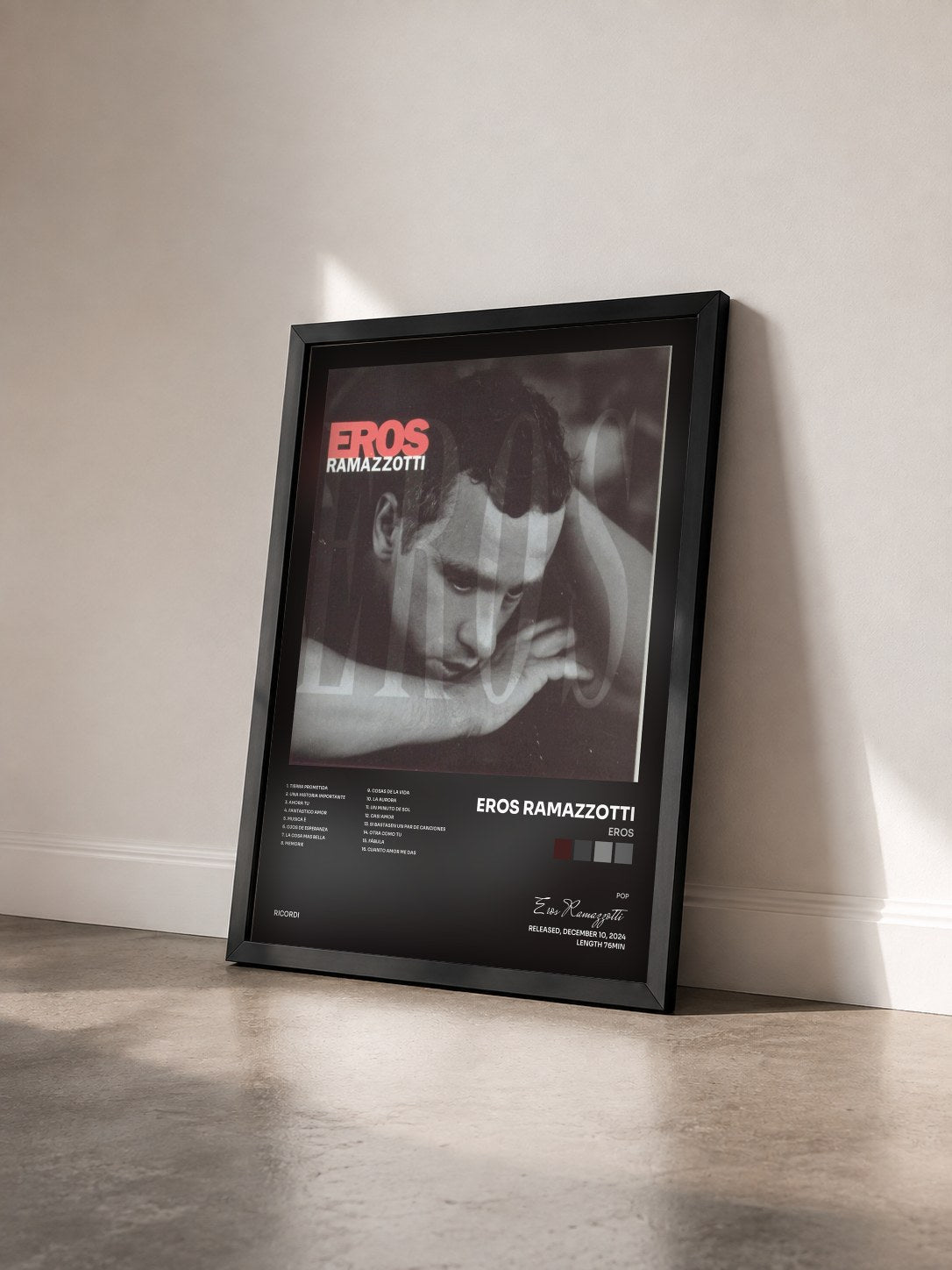 #noir Tableau de l'album Eros de Eros Ramazzotti vu de trois quarts, cadre noir