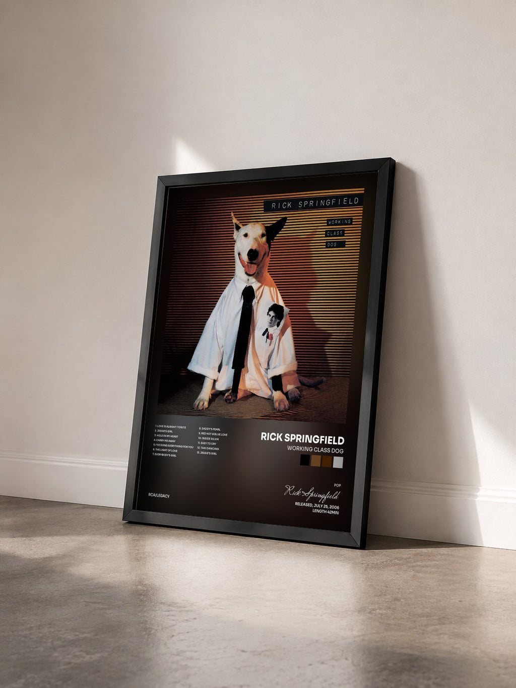#noir Tableau de l'album Working Class Dog de Rick Springfield vu de trois quarts, cadre noir