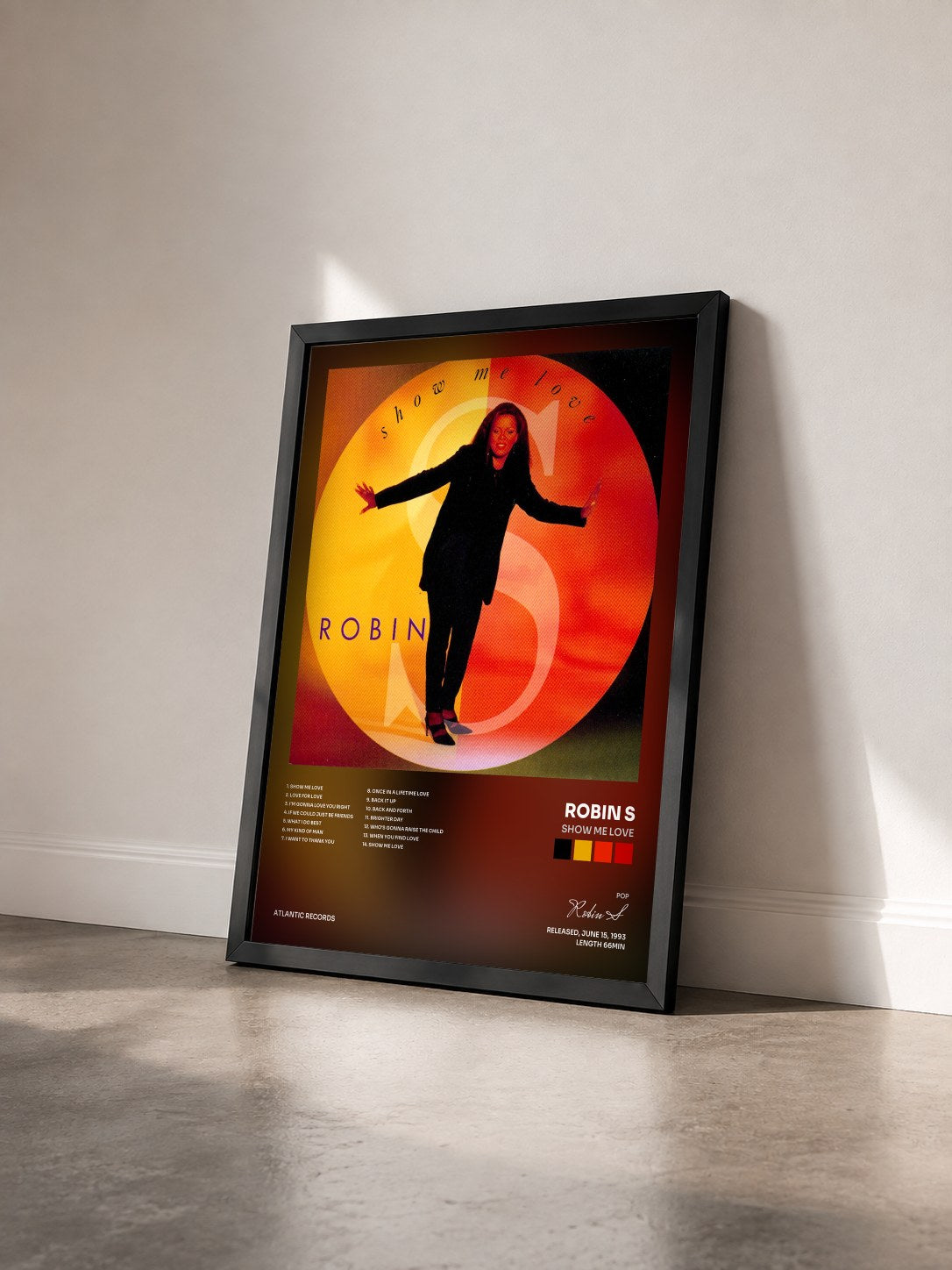 #noir Tableau de l'album Show Me Love de Robin S vu de trois quarts, cadre noir