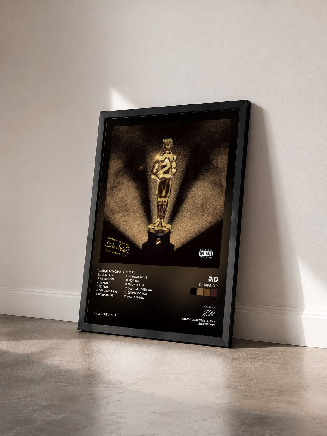 #noir Tableau de l'album DiCaprio 2 de JID vu de trois quarts, cadre noir
