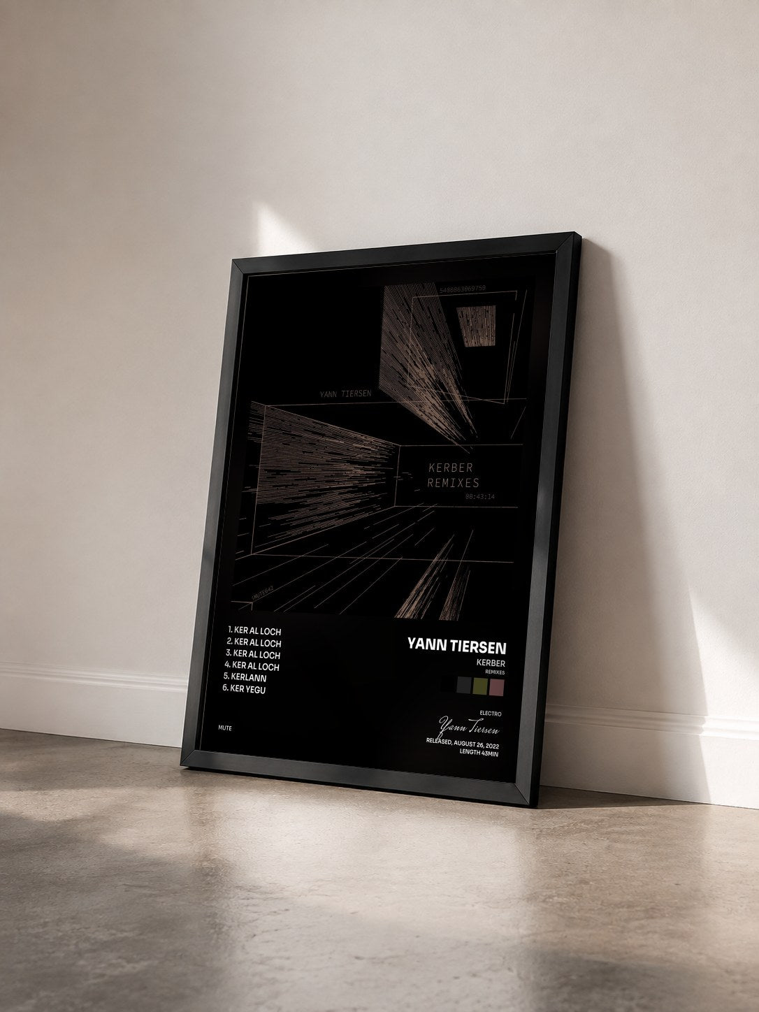 #noir Tableau de l'album Kerber (Remixes) de Yann Tiersen vu de trois quarts, cadre noir
