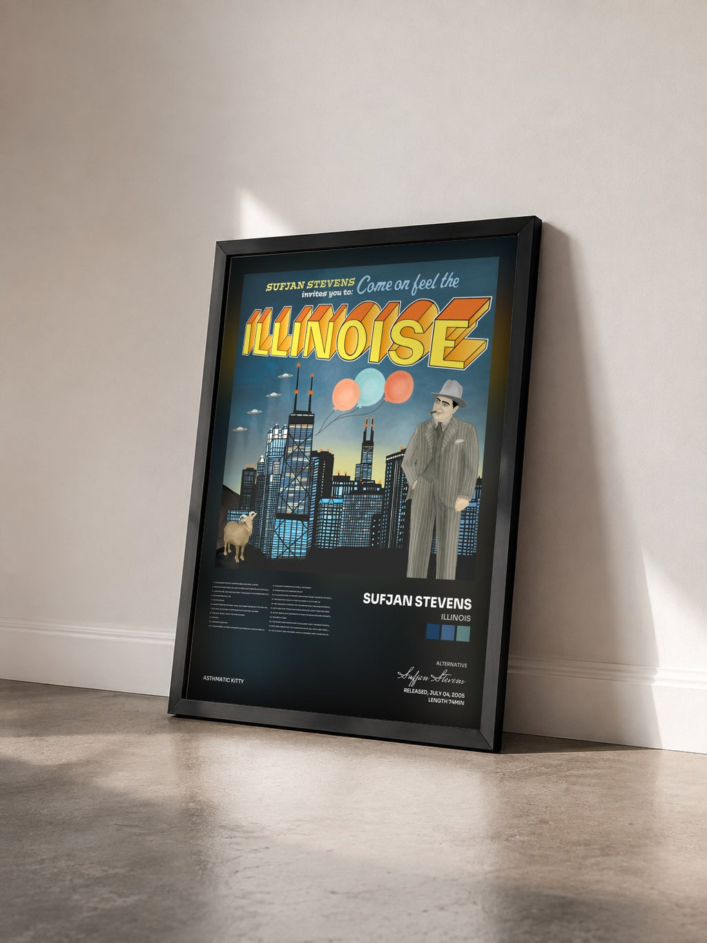 #noir Tableau de l'album Illinois de Sufjan Stevens vu de trois quarts, cadre noir