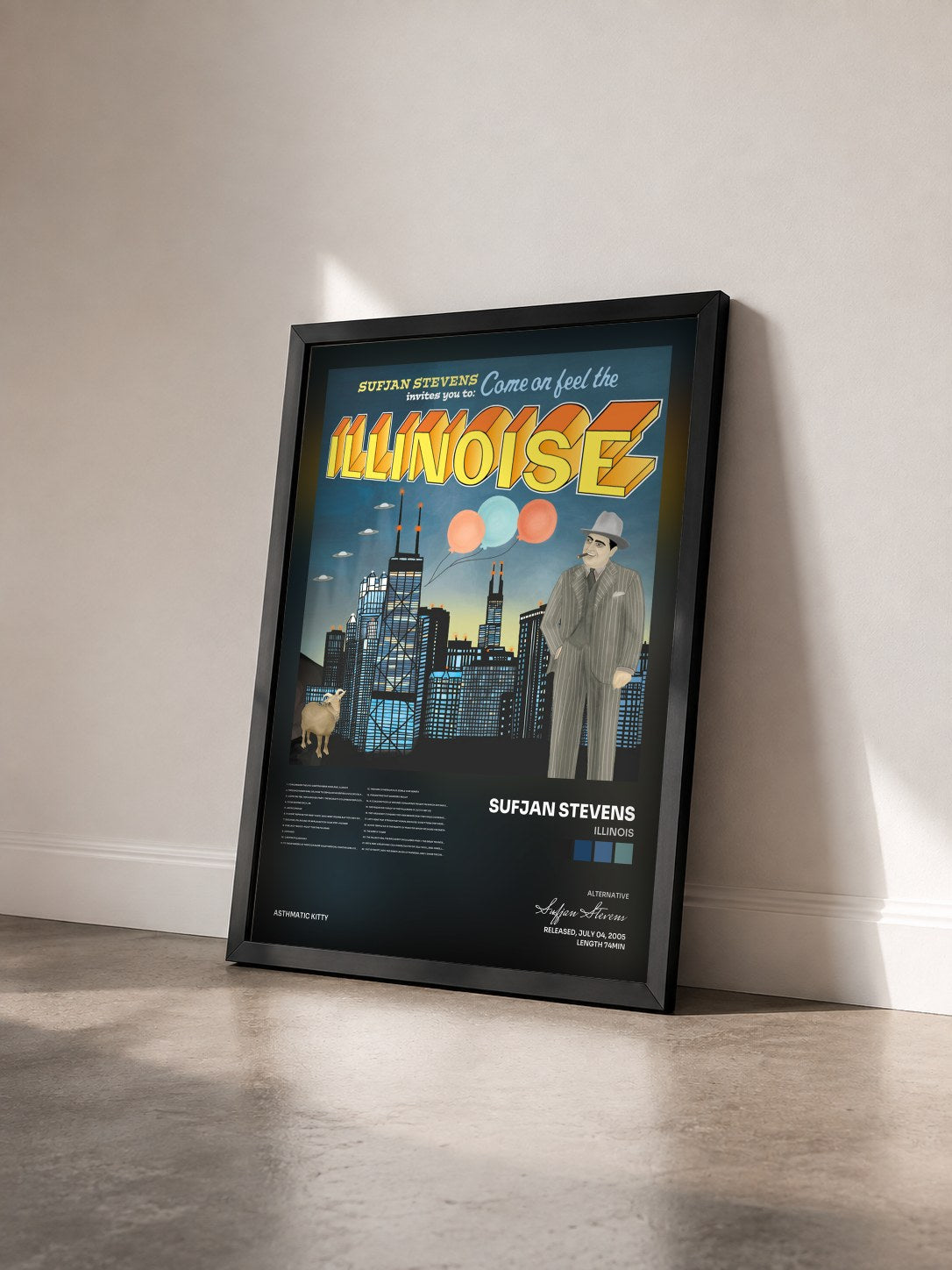 #noir Tableau de l'album Illinois de Sufjan Stevens vu de trois quarts, cadre noir