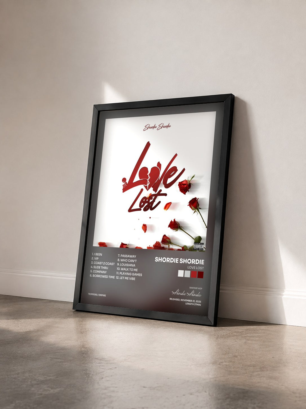 #noir Tableau de l'album Love Lost de Shordie Shordie vu de trois quarts, cadre noir