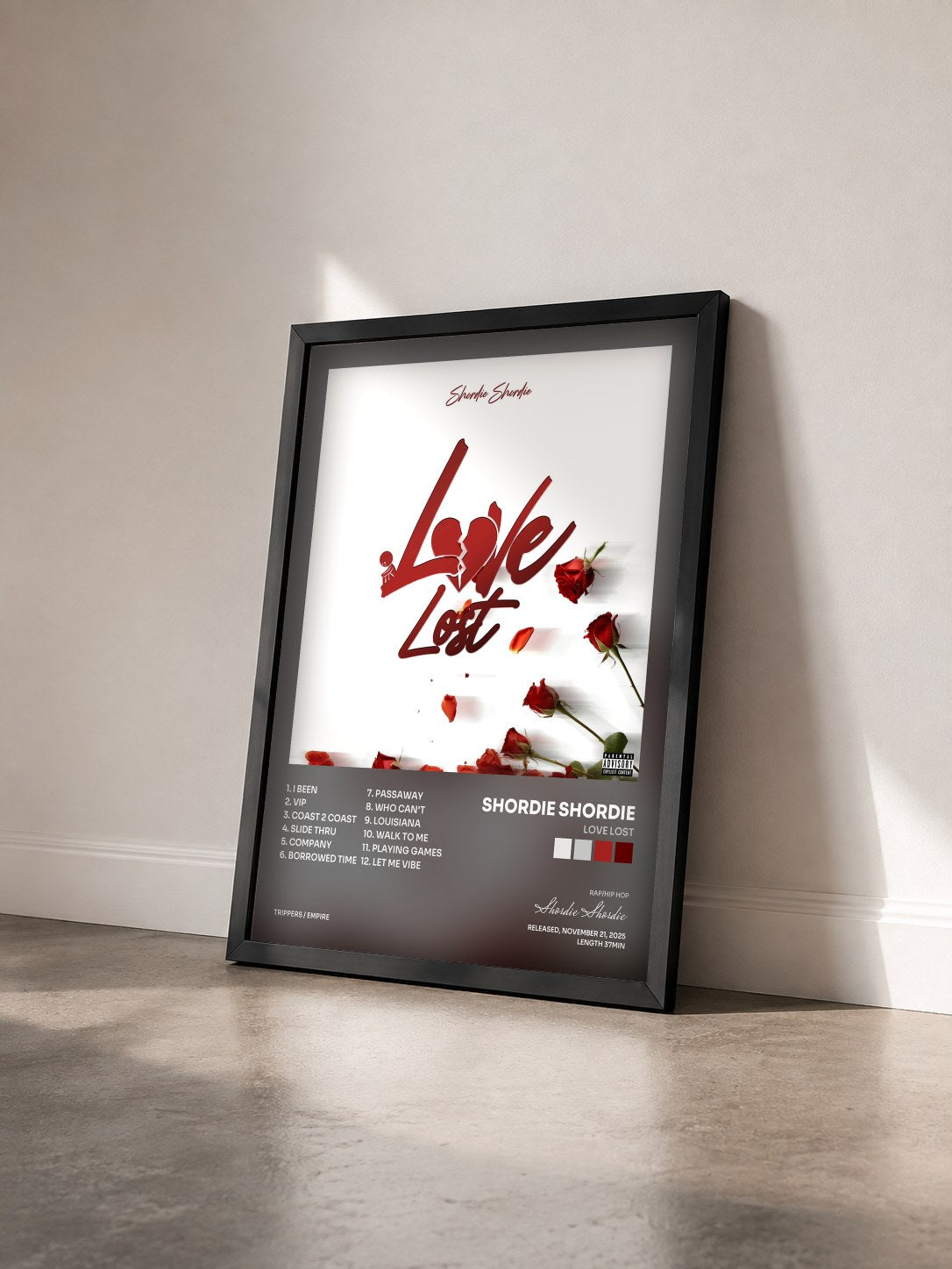 #noir Tableau de l'album Love Lost de Shordie Shordie vu de trois quarts, cadre noir