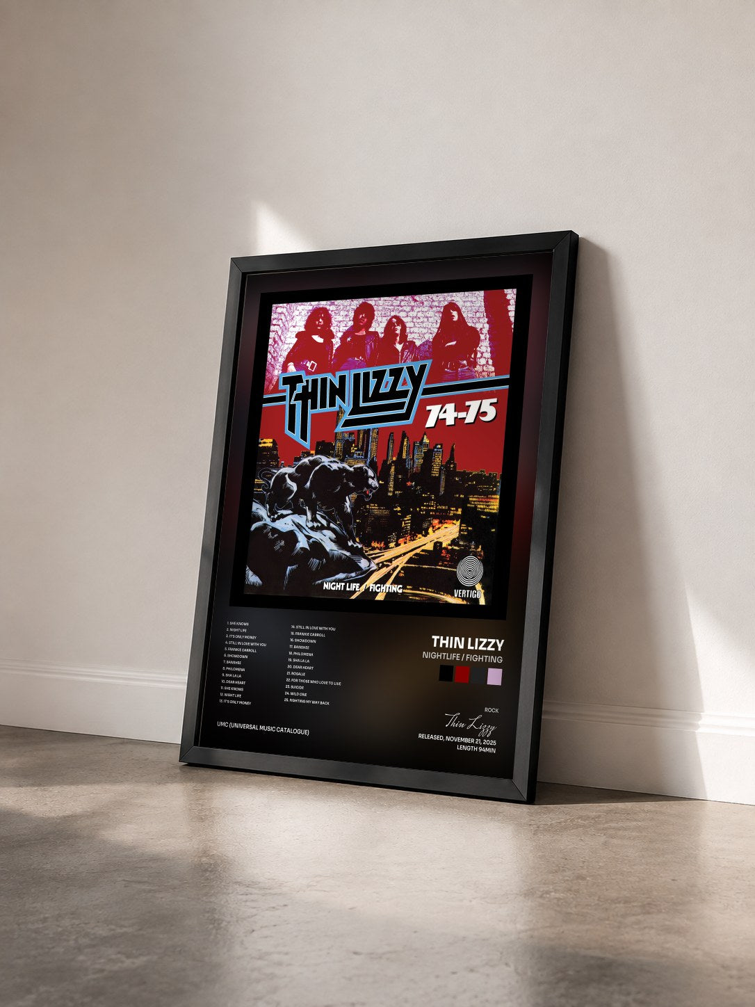 #noir Tableau de l'album Nightlife / Fighting de Thin Lizzy vu de trois quarts, cadre noir