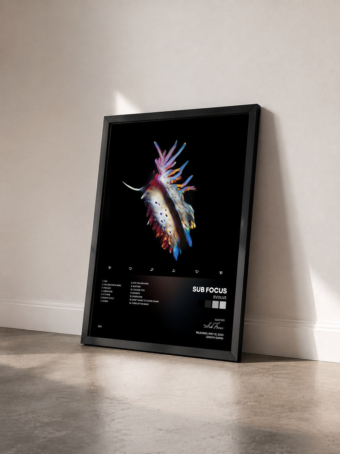 #noir Tableau de l'album Evolve de Sub Focus vu de trois quarts, cadre noir