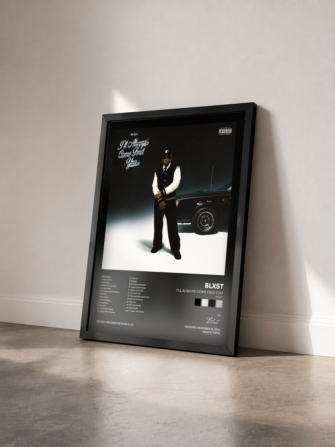 #noir Tableau de l'album I'll Always Come Find You (Deluxe) de Blxst vu de trois quarts, cadre noir