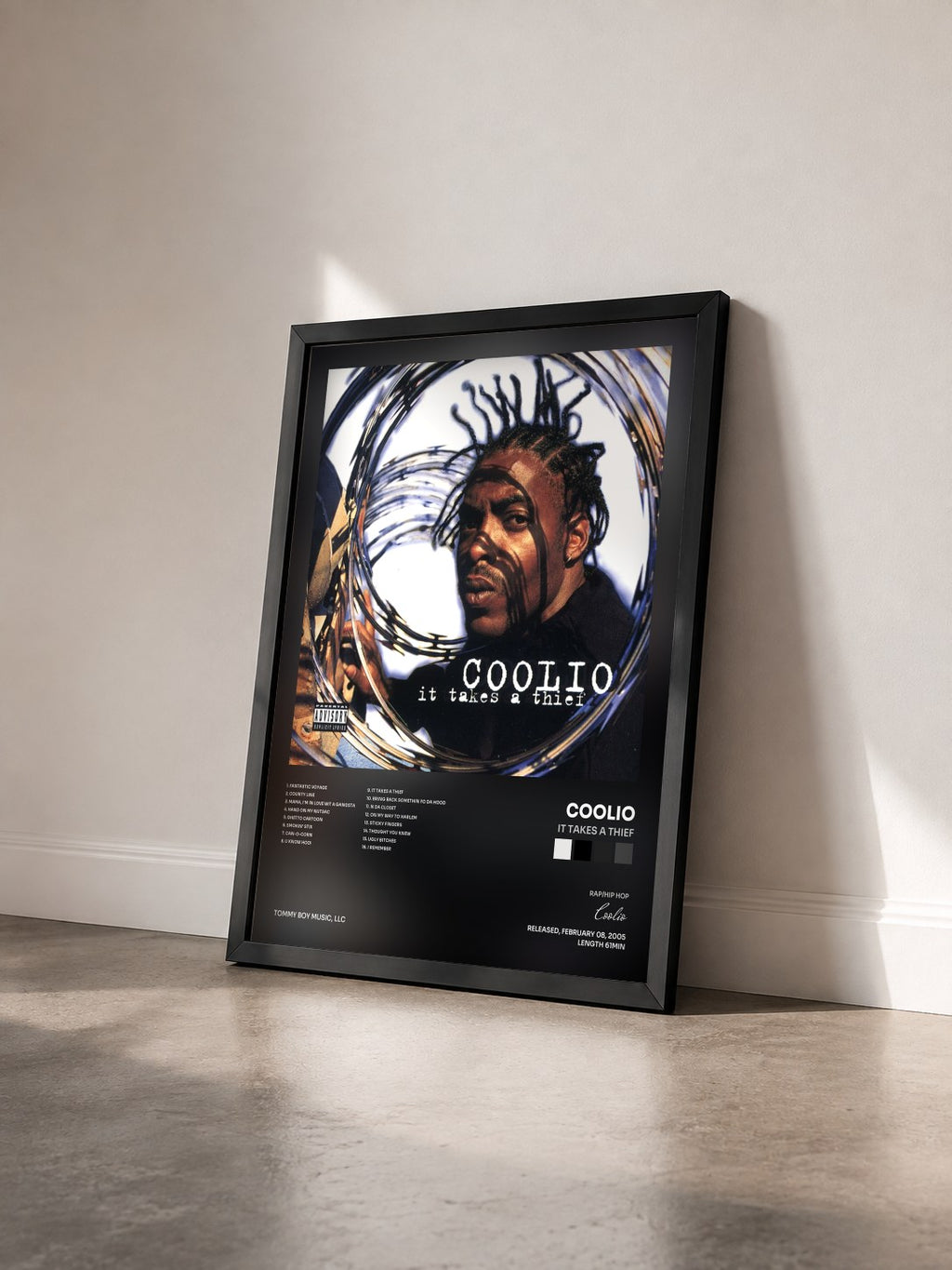 #noir Tableau de l'album It Takes a Thief de Coolio vu de trois quarts, cadre noir