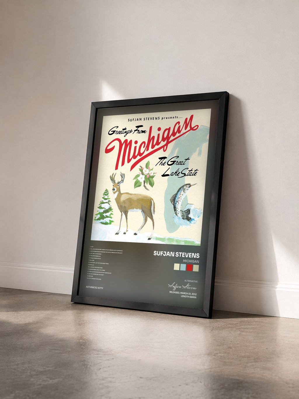 #noir Tableau de l'album Michigan de Sufjan Stevens vu de trois quarts, cadre noir