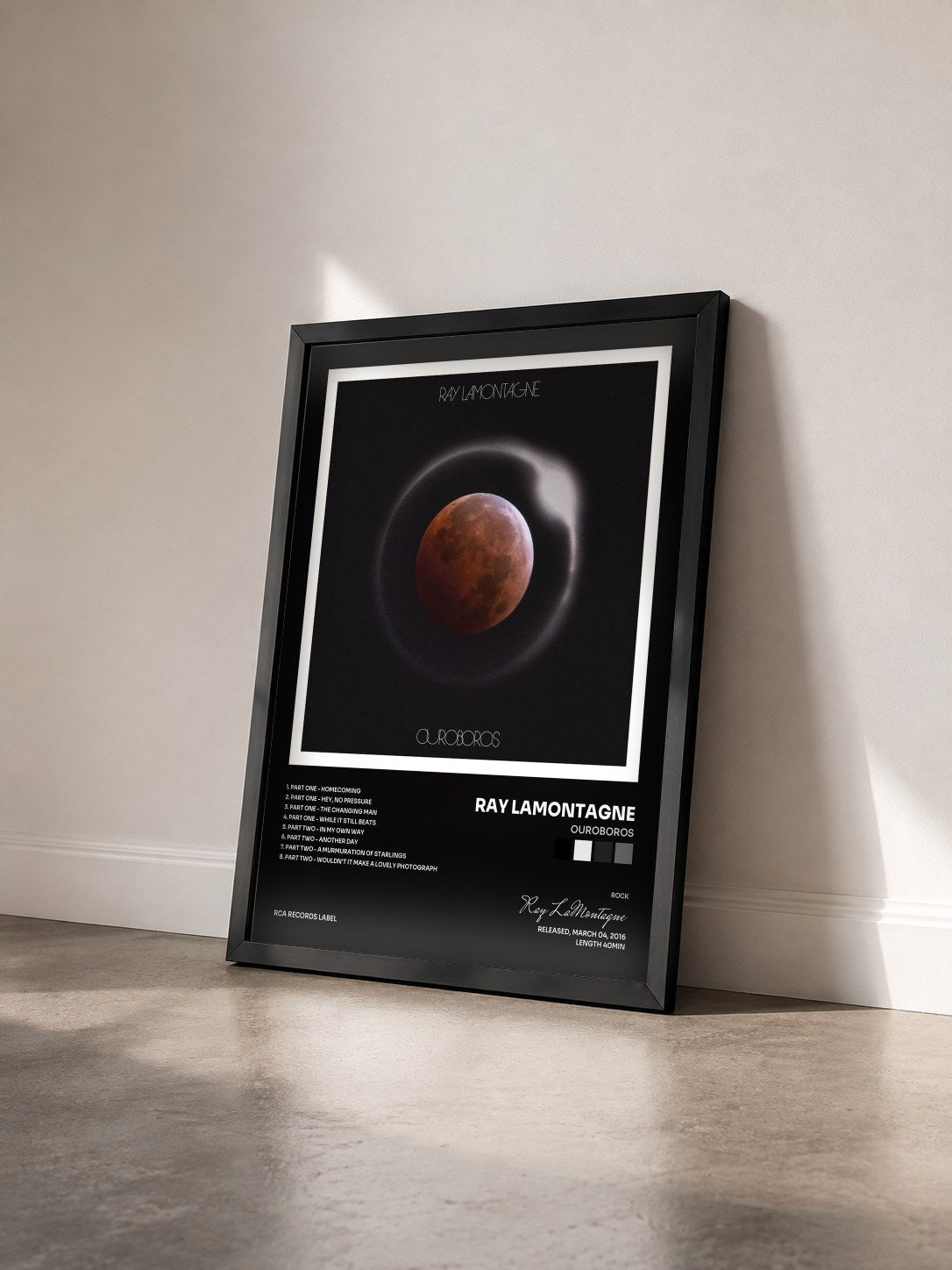 #noir Tableau de l'album Ouroboros de Ray LaMontagne vu de trois quarts, cadre noir