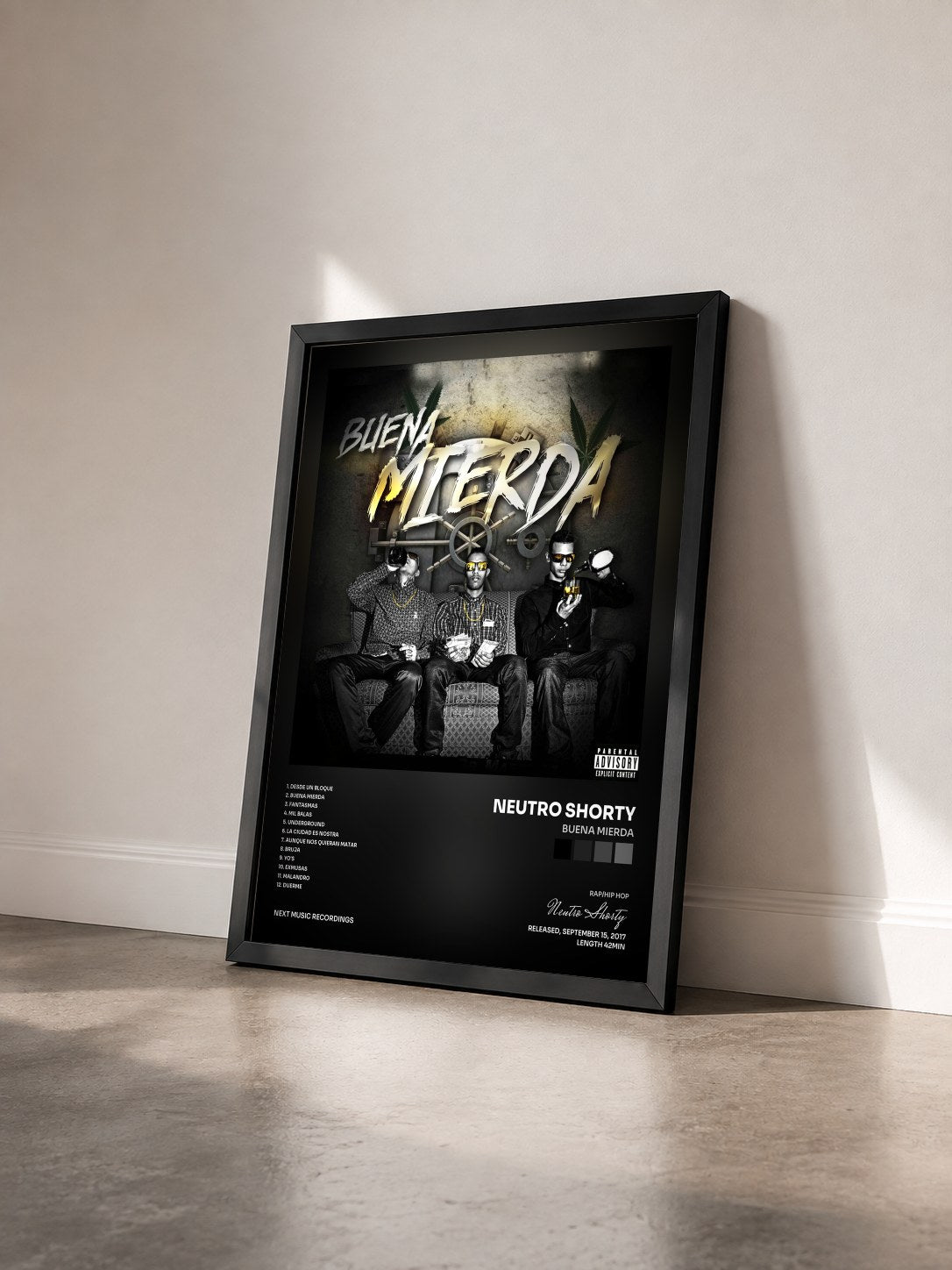 #noir Tableau de l'album Buena Mierda de Neutro Shorty vu de trois quarts, cadre noir