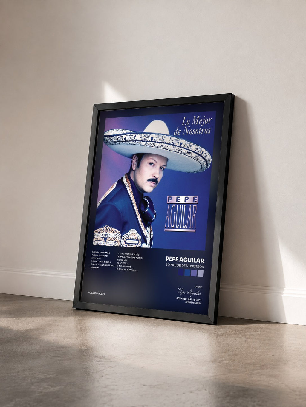 #noir Tableau de l'album Lo Mejor De Nosotros de Pepe Aguilar vu de trois quarts, cadre noir