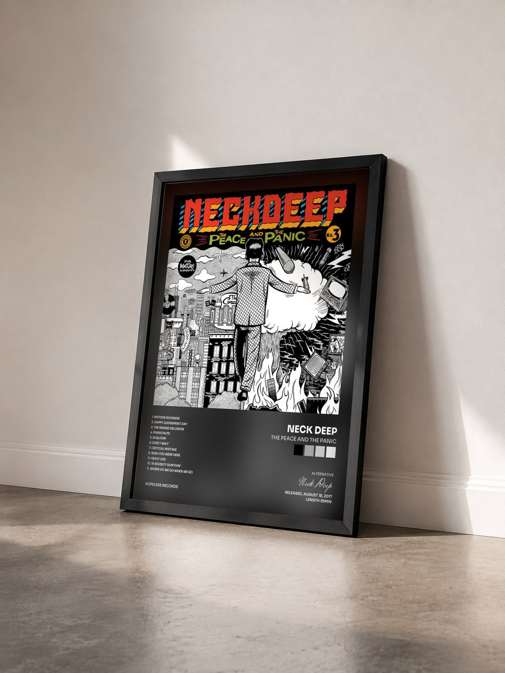 #noir Tableau de l'album The Peace And The Panic de Neck Deep vu de trois quarts, cadre noir