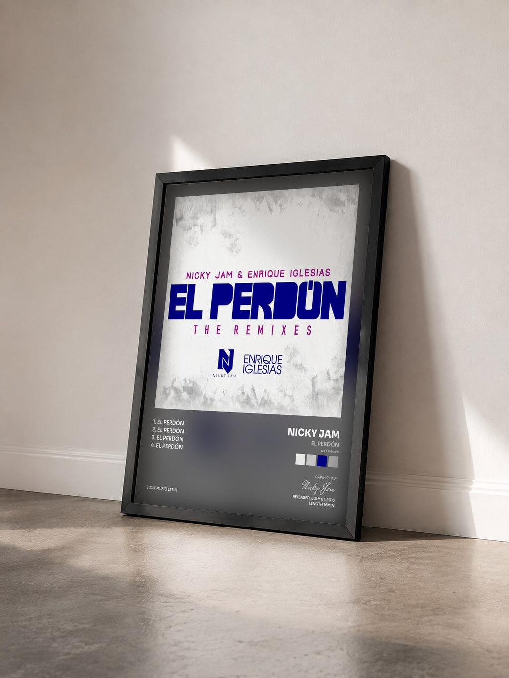 #noir Tableau de l'album El Perdón (The Remixes) de Nicky Jam vu de trois quarts, cadre noir