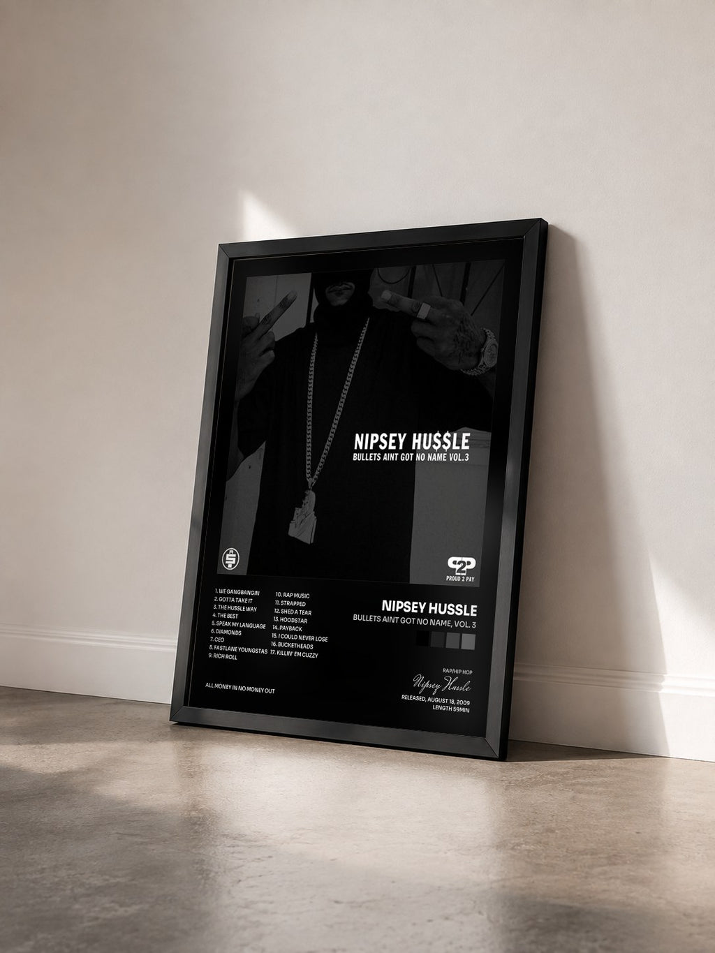 #noir Tableau de l'album Bullets Aint Got No Name, Vol. 3 de Nipsey Hussle vu de trois quarts, cadre noir
