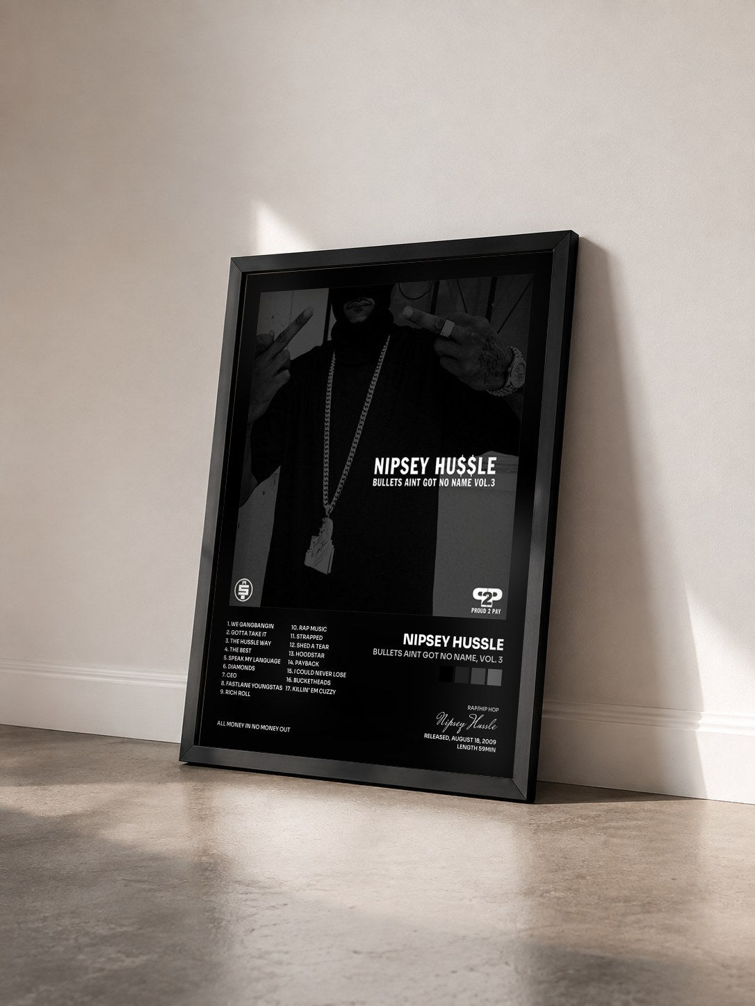 #noir Tableau de l'album Bullets Aint Got No Name, Vol. 3 de Nipsey Hussle vu de trois quarts, cadre noir