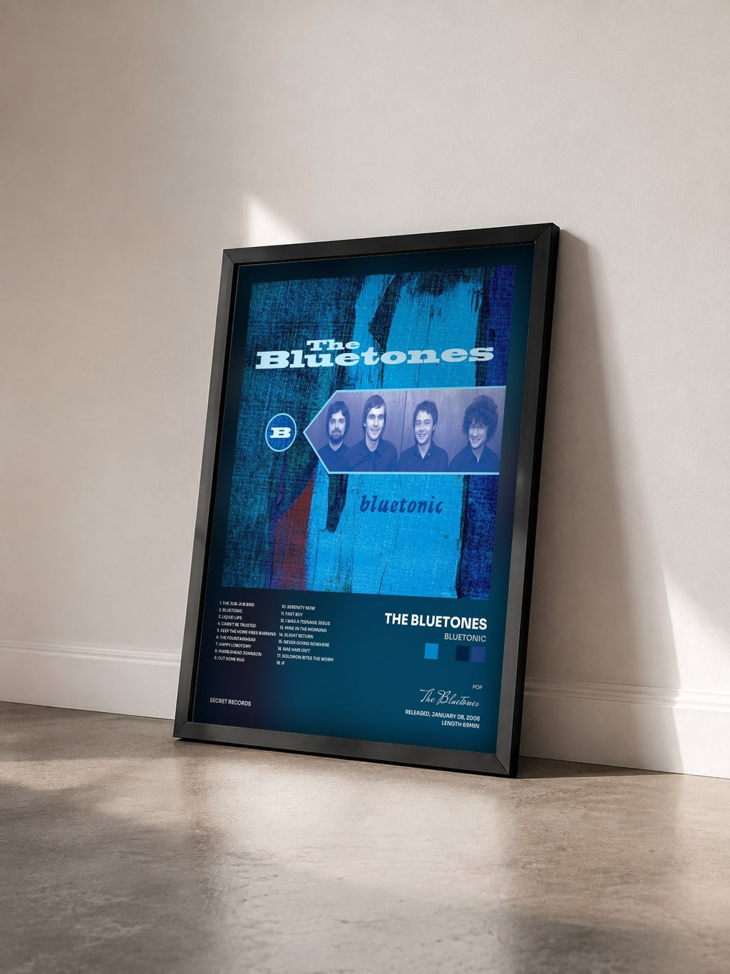 #noir Tableau de l'album Bluetonic de The Bluetones vu de trois quarts, cadre noir