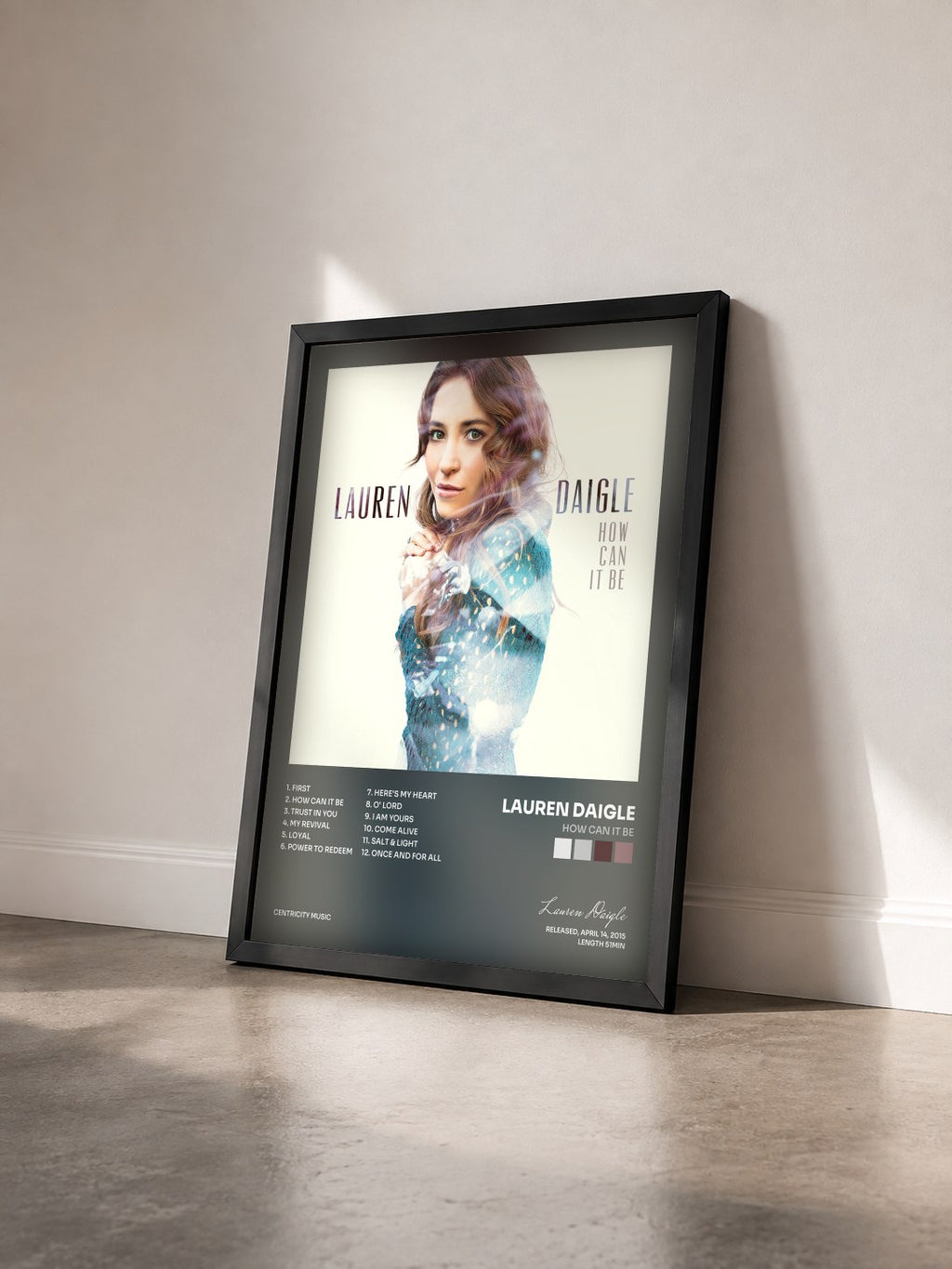 #noir Tableau de l'album How Can It Be de Lauren Daigle vu de trois quarts, cadre noir