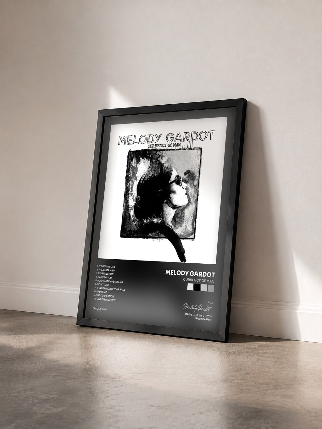 #noir Tableau de l'album Currency Of Man de Melody Gardot vu de trois quarts, cadre noir