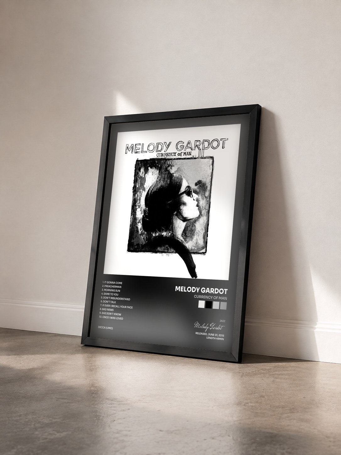 #noir Tableau de l'album Currency Of Man de Melody Gardot vu de trois quarts, cadre noir