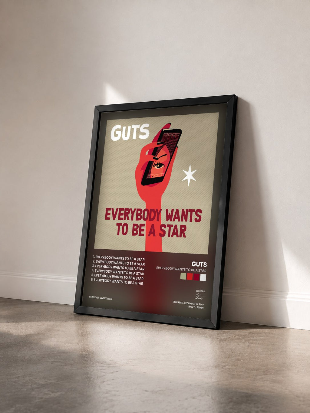 #noir Tableau de l'album Everybody Wants to Be a Star de Guts vu de trois quarts, cadre noir