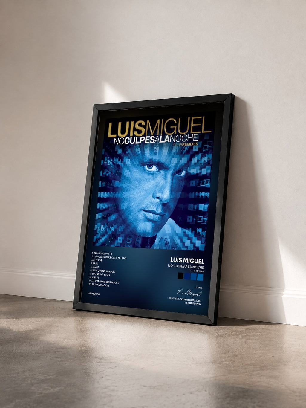 #noir Tableau de l'album No culpes a la noche (Club remixes) de Luis Miguel vu de trois quarts, cadre noir