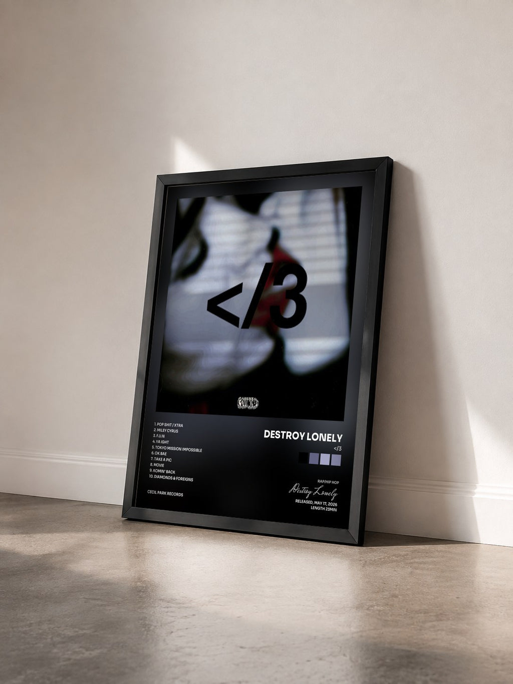 #noir Tableau de l'album </3 de Destroy Lonely vu de trois quarts, cadre noir