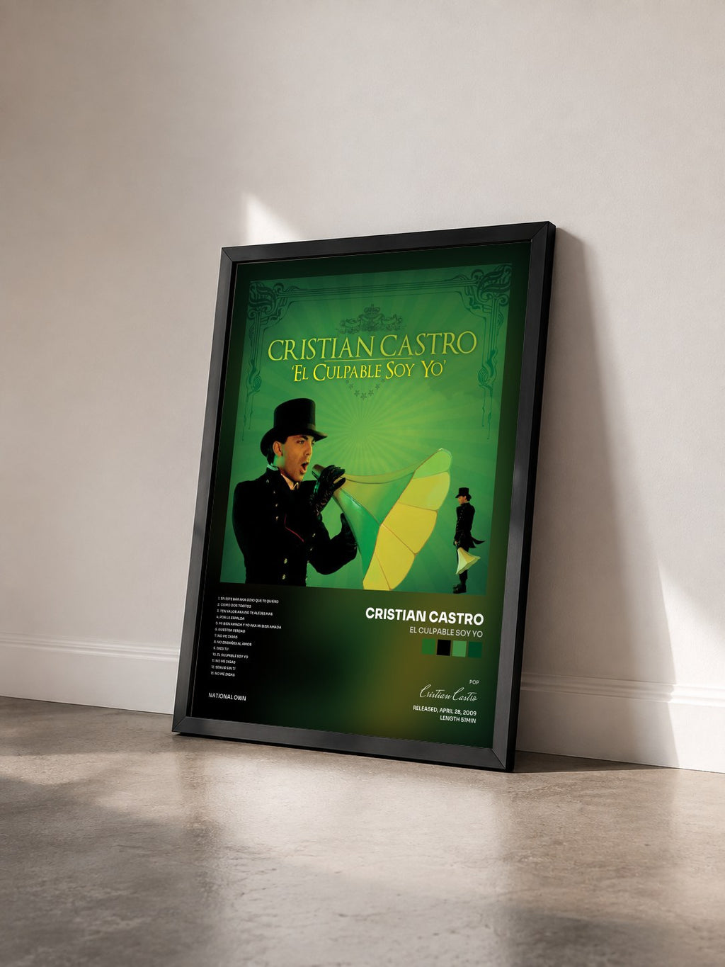 #noir Tableau de l'album El Culpable Soy Yo de Cristian Castro vu de trois quarts, cadre noir
