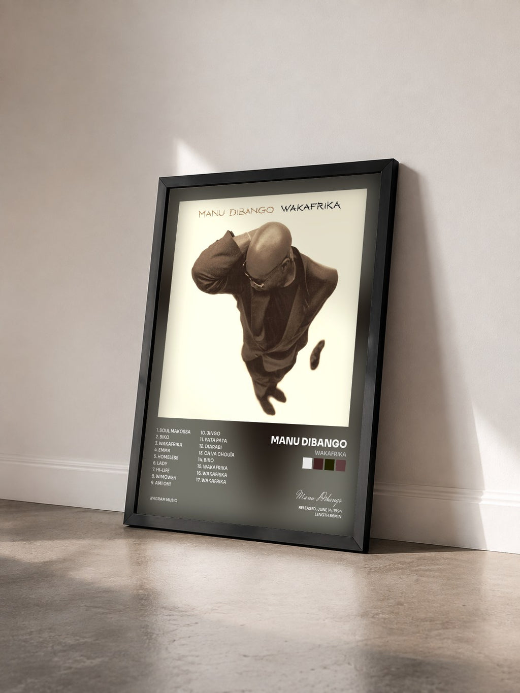 #noir Tableau de l'album Wakafrika de Manu Dibango vu de trois quarts, cadre noir